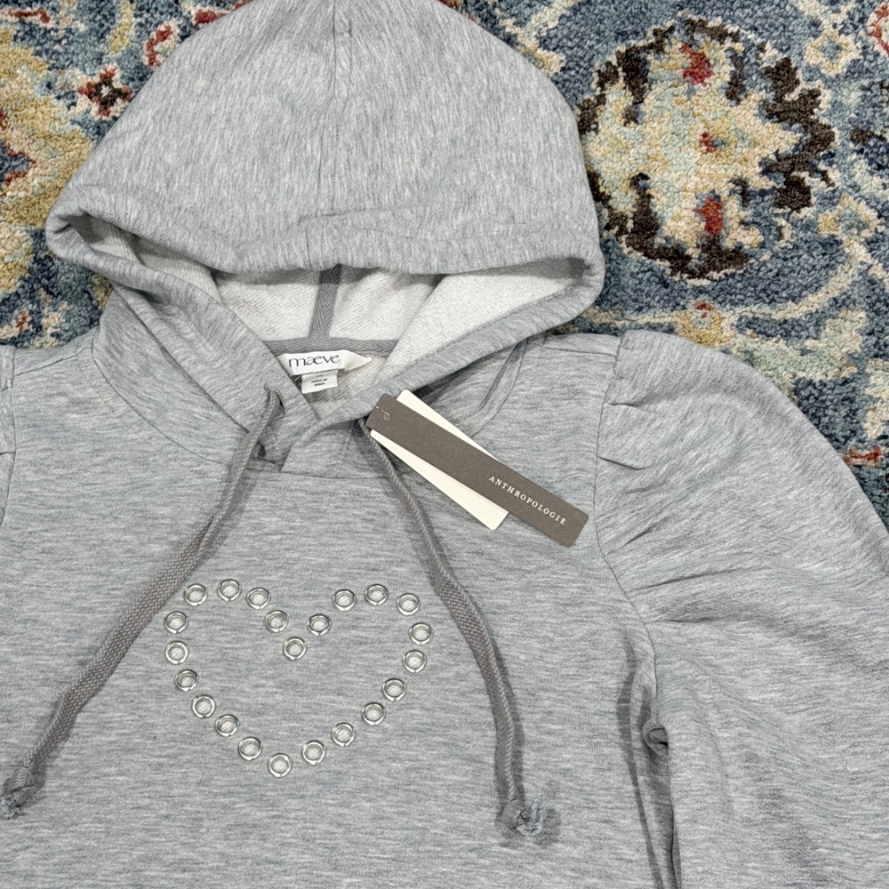 Maeve Anthropologie Hoodie Women XS Gray Grommet Heart Puff Sleeve Coquette NWT